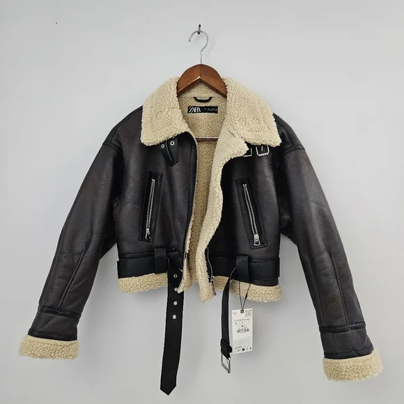 NWT Zara Faux Shearling Lined Jacket Cropped Moto Jacket - Picture 2 of 7